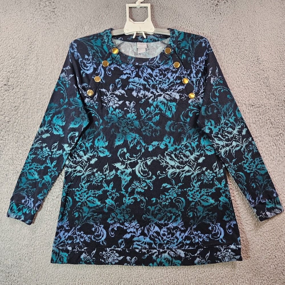 Chico's Tunic Top Blouse Women Size 1 Medium Floral Print Green Blue Navy Blue